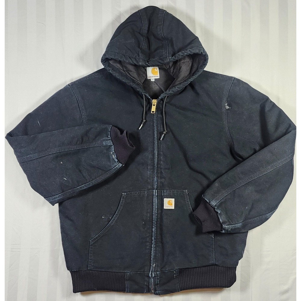 Vintage Carhartt Jacket Mens Medium Black Duck Hooded J140 Quilted USA Workwear